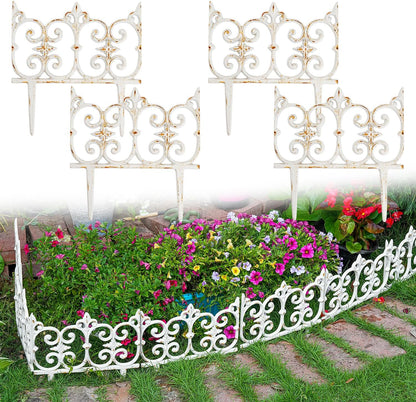 Sungmor Decorative Cast Iron Garden Edging, 4 Pack Rustic White Victorian Garden Edging Landscape Border, Vintage Metal Yard Stake Low Picket Fence, 10.6" Tall Outdoor Flower Bed Lawn Fence Panels