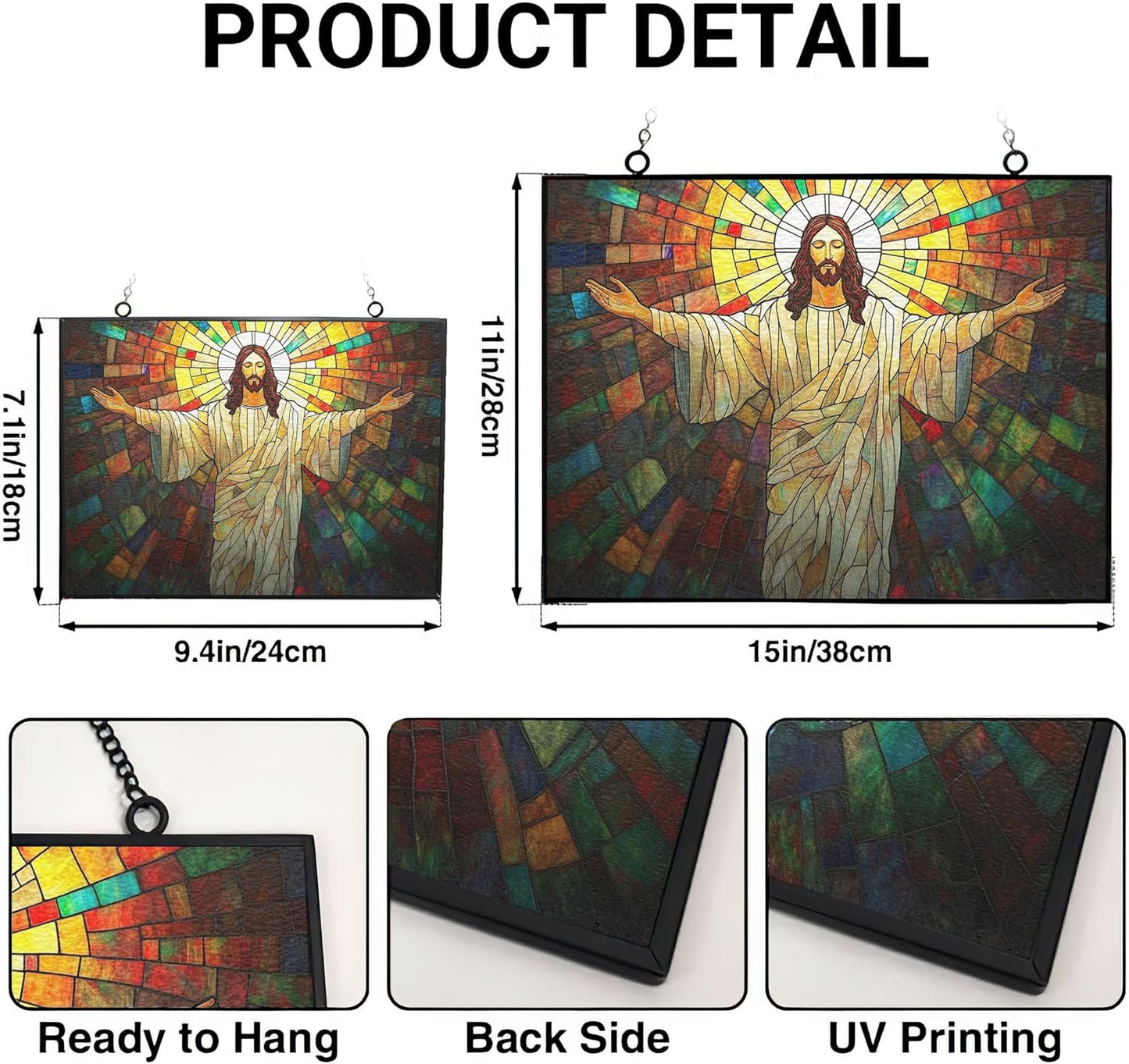 Customized Rectangle Boho Jesus Open Arms Stained Glass Suncatcher Stained Glass Window Hangings Birthday Gift for Mom Grandma Teacher Women Friend Memorial Hook