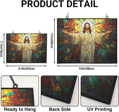 Customized Rectangle Boho Jesus Open Arms Stained Glass Suncatcher Stained Glass Window Hangings Birthday Gift for Mom Grandma Teacher Women Friend Memorial Hook