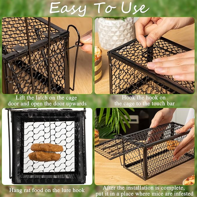 Qualirey 4 Pcs Humane Rat Trap Chipmunk Rodent Mouse Squirrel Trap Small Live Animal Mouse Voles Hamsters Live Cage Rat Cage for Mice Easy to Catch and Release (9.1 x 4.5 x 4.5 Inches,Black)