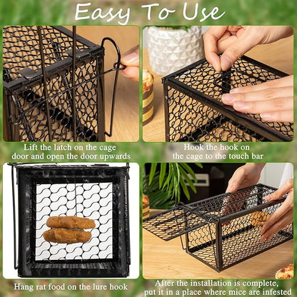 Qualirey 4 Pcs Humane Rat Trap Chipmunk Rodent Mouse Squirrel Trap Small Live Animal Mouse Voles Hamsters Live Cage Rat Cage for Mice Easy to Catch and Release (9.1 x 4.5 x 4.5 Inches,Black)