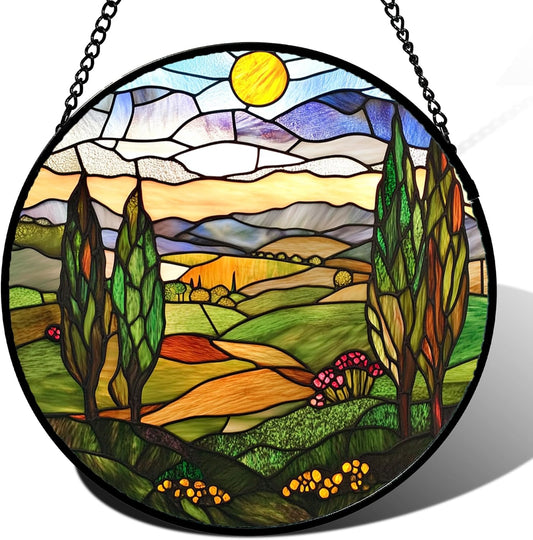 Stained Glass Window Hanging Golden Sun Mountain Landscape 9.8" - Suncatcher Door Garden Sun