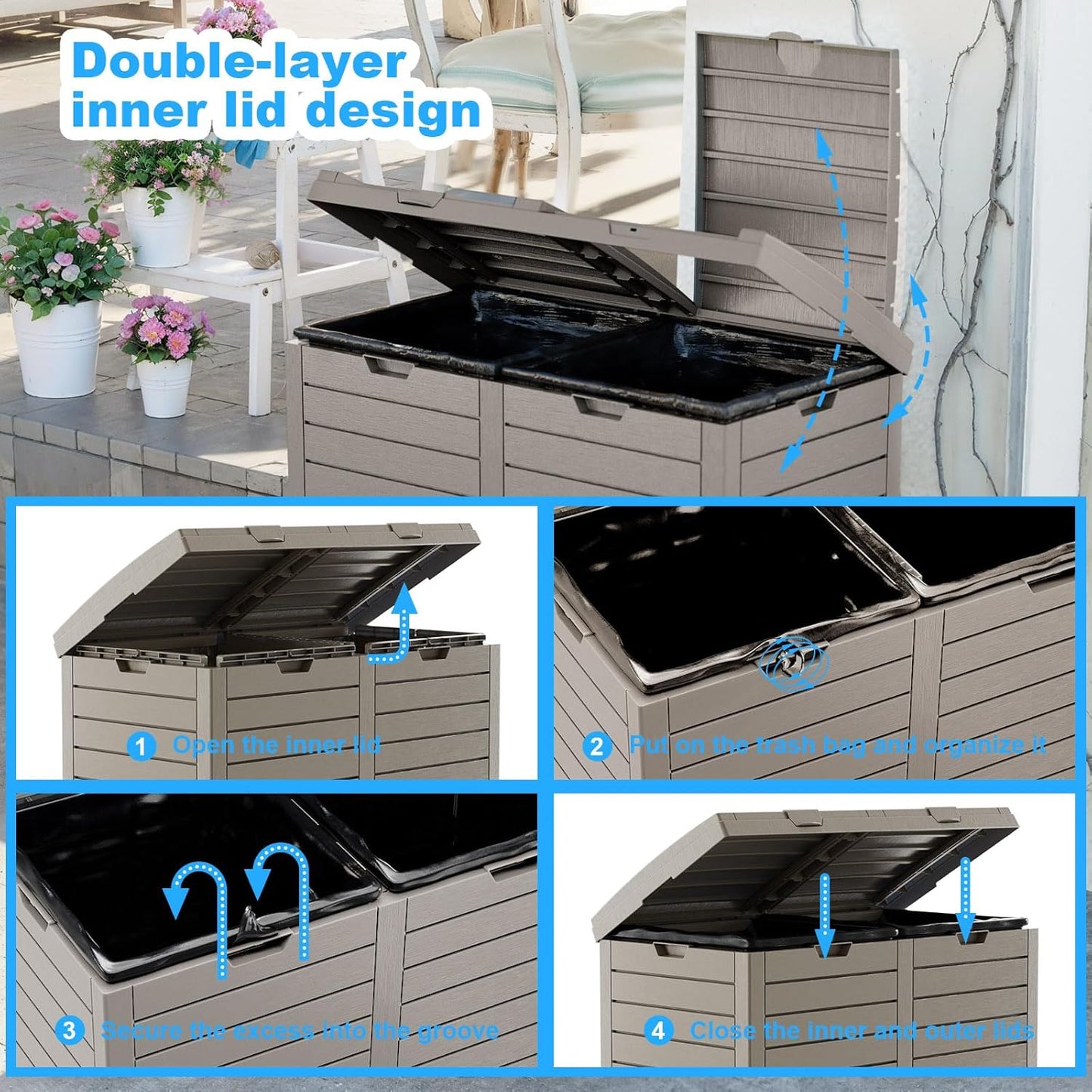 Outdoor Trash Can with Lid, Outdoor Trash Bin & Pull-Out Liquid Drawer, Dual Lid Closure Design, Waterproof Resin Garbage Can Container for Patio, Backyard, Deck (Grey, 62 Gallon)