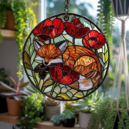 Fox Poppies Flower Acrylic Suncatcher Stained Glass Effect Window Car Hanging Christmas Ornament Indoor Outdoor Decor Garden Sun Catcher Panel Gifts for Fox Lover for Women Mom Grandma