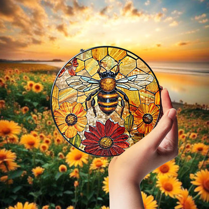 7.8" Bee Honeycomb Stained Glass Suncatchers Art Insect Flowers for Sun Catcher Gifts for Pet Insects Animal Nature Floral Lovers Women Grandma Mom Friend Painted Glass Panel Décor BUG-08C-SG8