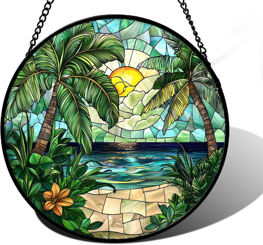 Stained Glass Window Hanging, Green Beach Scenery Suncatcher Diamond Glass Panel Hangings Sun