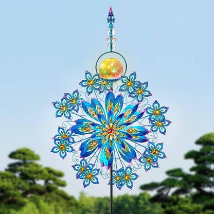 Kircust Large Solar Wind Spinner with Glass Ball - Peacock Themed Kinetic Garden Art, Dual Spinning Metal Decor for Outdoor Yard, Lawn, or Patio in Elegant Peacock Blue