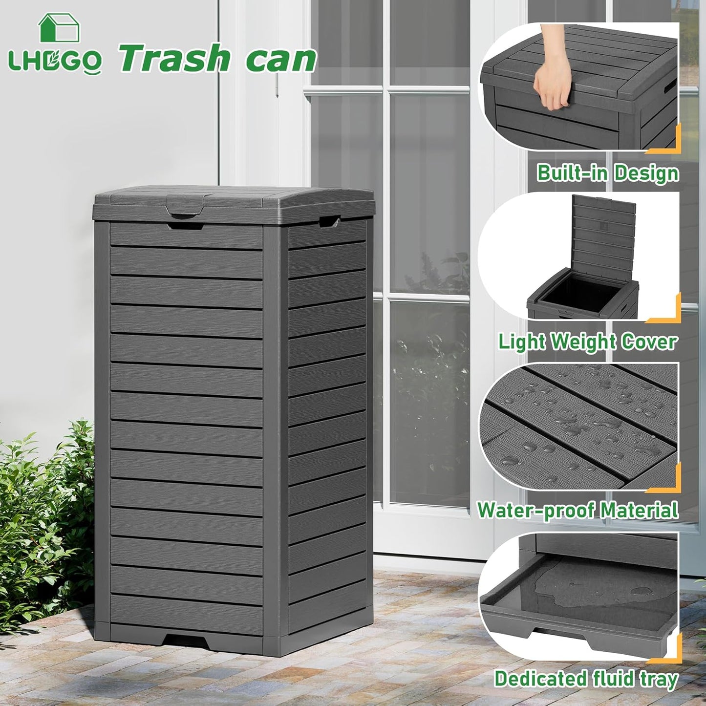 Outdoor Trash Can, 31 Gallon Garbage Can with Tiered Lid and Drip Tray, Waterproof Resin Patio Waste Bin for Garden, Backyard, Deck