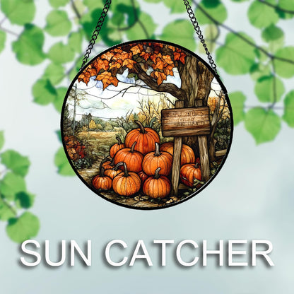 Stained Glass Window Hanging Fall Farm Scenery Maple Trees Pumpkin Large 15" - Suncatcher Door Garden Kitchen Sun Catcher Autumn Decor Birthday for Mom Nana Men Woman Friend