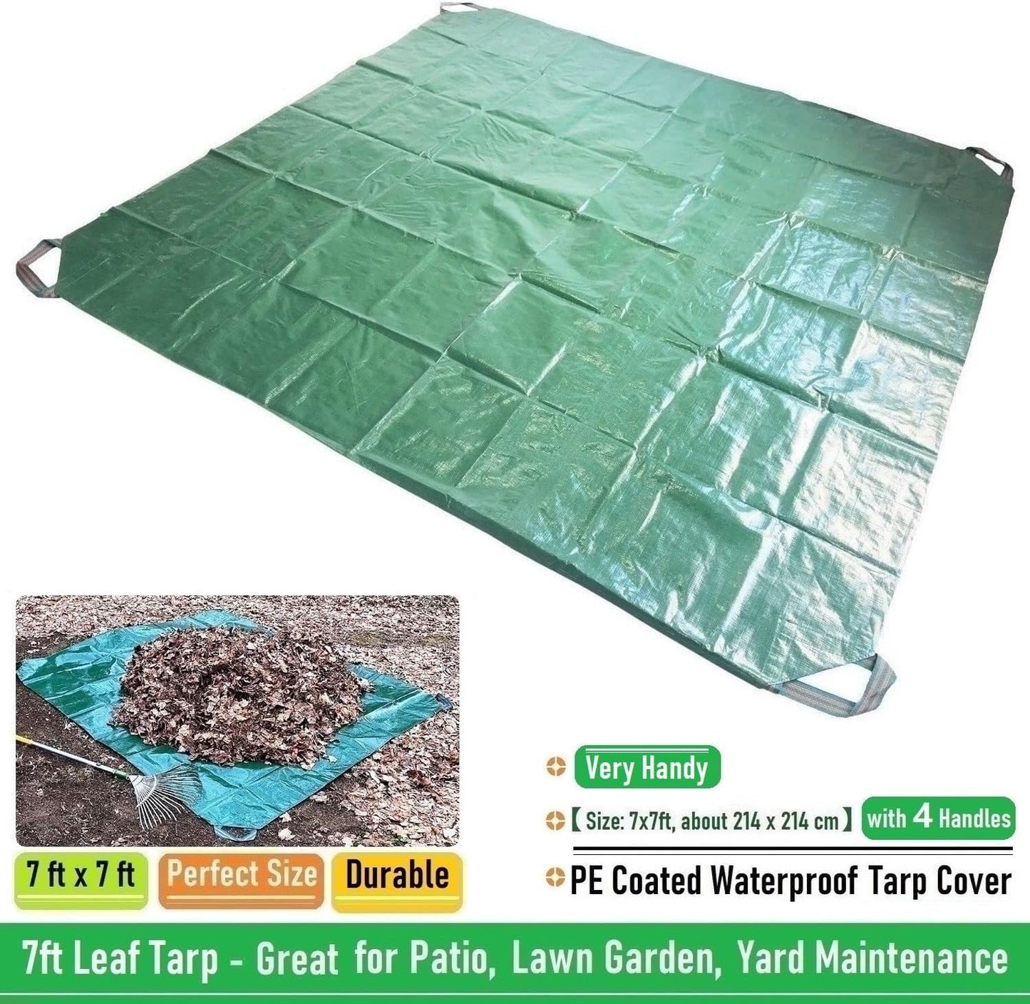 7x7 Ft Yard Garden Leaf Tarp W/ 4 Handles Waterproof Tarp for Sandbox Cover,Outdoor Tarpaulin,Lawn Debris,Landscape Pruning,Leaf Hauler,Tent Footprint,Camping Tent Mat,Patio Table,Yard Fire Pit Cover