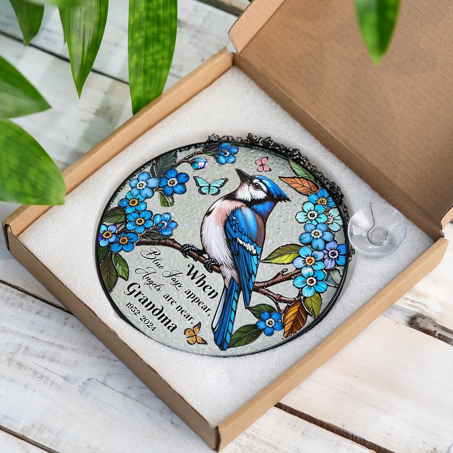 Custom Blue Jay Bird Stained Glass Sun Catcher Loving Memorial, Personalized Name, Dates & Quote, Bereavement Gift for Family, Friends, Handmade Hanging Ornament for Bird Lovers