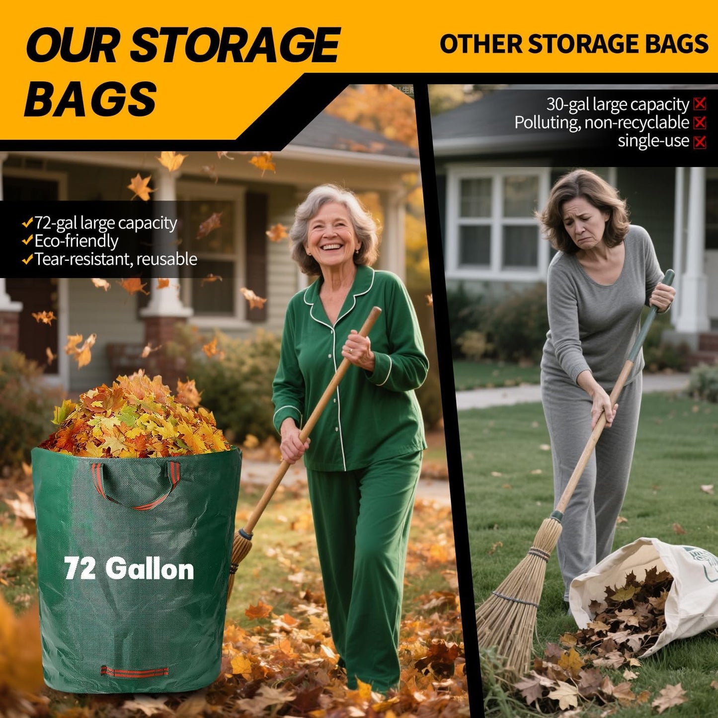 Reusable Yard Waste Bags - 3 Pack, 72 Gallon Lawn Bags with Reinforced Handles, Ideal for Grass, Leaves, and Yard Waste - Durable and Garden Waste Bags, Collapsible Lawn Leaf Bag, Leaf Bag Stand Up.