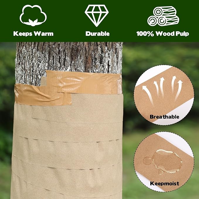 328 Ft Paper Tree Wrap for Damaged Bark, 3.15" Weather Resistant Tree Trunk Protectors Wraps to Protect Bark Tree Bark Repair Wrap Bandage with 2pcs Tape for Frost, Sun and Deer Animals