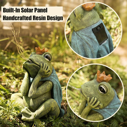 Solar Garden Decor Frog Prince Statue Outdoor, Birthday Gifts for Women Mom Grandma Senior Elder, Frog Ornament for Balcony, Garden, Patio, Yard, Lawn