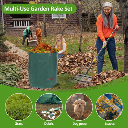 Garden Leaf Rake Set with 25 Tines, Heavy Duty Metal Rake for Leave (Adjustable 73" Long, 18" Wide) with 32 Gallon Reusable Leaf Bag, Ideal for Yard Lawn Shrub Gardening