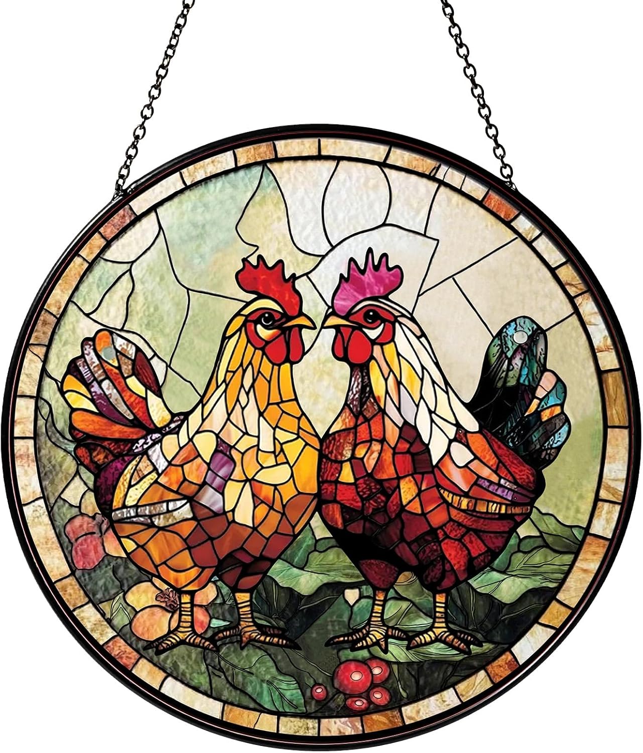 Couple Chicken Stained Glass Window Hanging Chicken Sun Catcher Decor New House Decor Christmas Suncatchers for Home Windows Hanging Decoration, 7.87inch