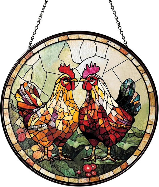 Couple Chicken Stained Glass Window Hanging Chicken Sun Catcher Decor New House Decor Christmas