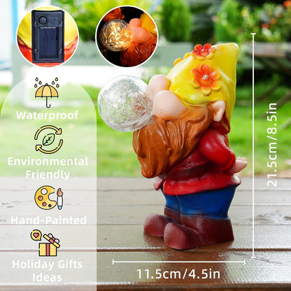 Solar Garden Statues Lights, 8.5" Cute Outdoor Gnome Figurine with Auto On/Off for Yard Patio Decor, Gifts for Women, Grandma, Mom, Housewarming (Bubble Bliss Gnome)