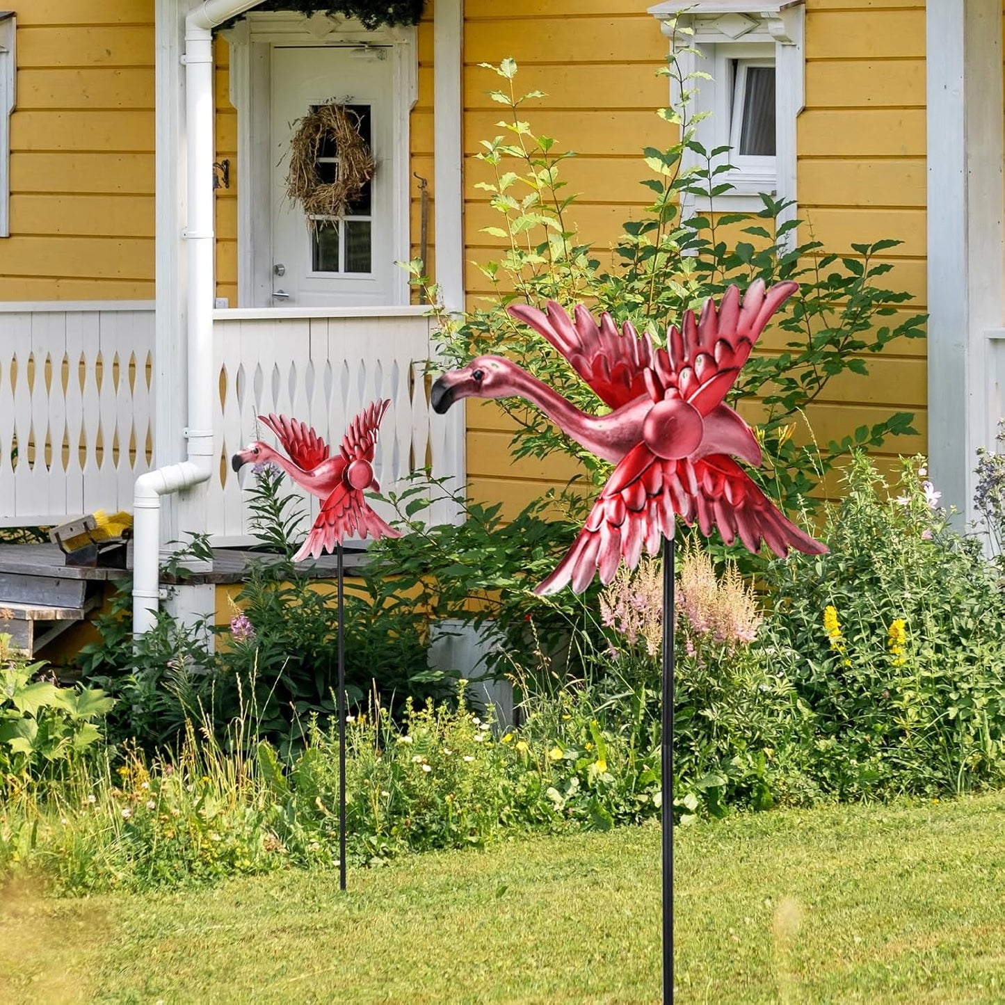 WONDER GARDEN Wind Spinners Outdoor - 2 Pack Small Metal Flamingo Wind Spinner Windmill, Wind Sculpture for Yard Patio Lawn Decor