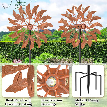 Metal Outdoor Wind Spinner, 2-Way Wind Sculpture Spinner with Metal Stake, Waterproof 360 Degrees Kinetic Windmill Art Decoration for Patio Garden Lawn (Rust)