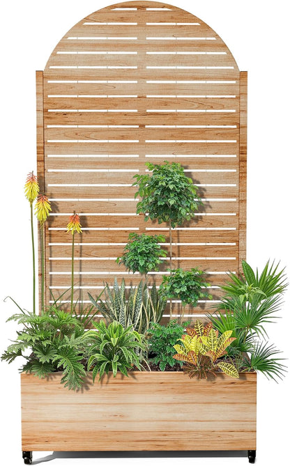 15.7"×70.9"×35.4" Metal Raised Garden Bed with Trellis and Wheels - Tall Trellis Planter Box for Climbing Plants, Vegetables & Vines - Outdoor Privacy Planters for Patio (Acacia Wood Grain-Louvered)