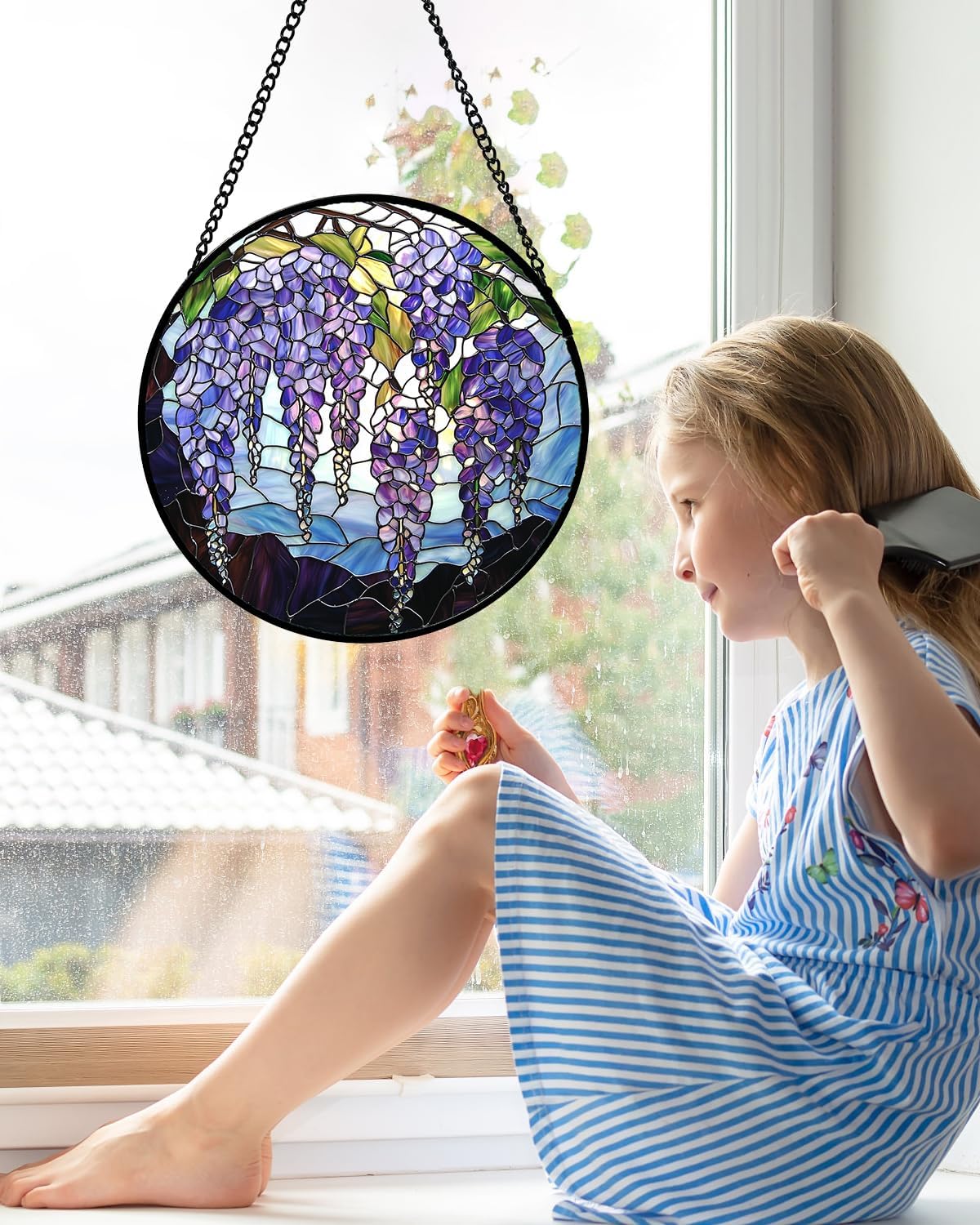 Stained Glass Window Hanging, Wisteria Flower Sun Catcher for Door Home Decor Purple and Blue Suncatcher Christmas Mother's Day Birthday Gifts for Women Men Mom and Nana 6.3 in