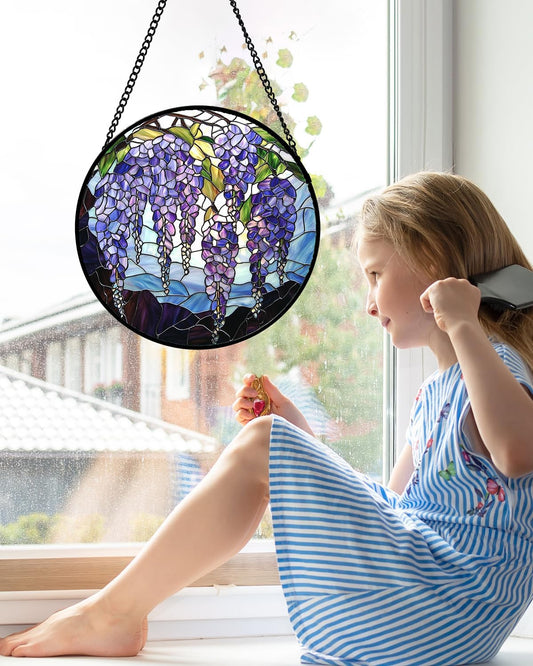 Stained Glass Window Hanging, Wisteria Flower Sun Catcher for Door Home Decor Purple and Blue