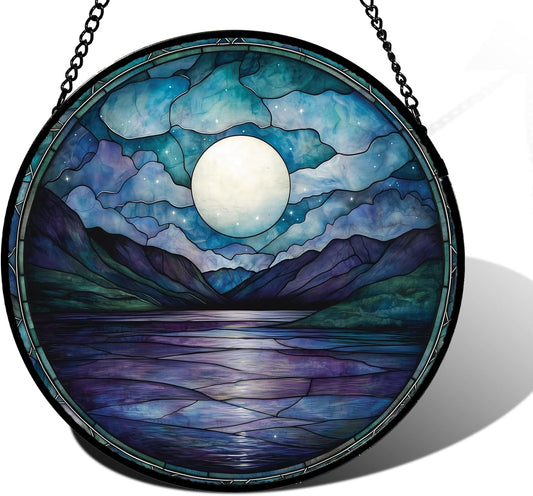 Stained Glass Window Hanging, Blue Night Moon Lake Sun Catchers Colorful Glass Panel Landscape