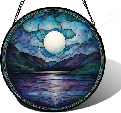Stained Glass Window Hanging, Blue Night Moon Lake Sun Catchers Colorful Glass Panel Landscape Suncatcher Decor for Birthday for Women, Men, Wife, Aunt, and Mom 7.8 in