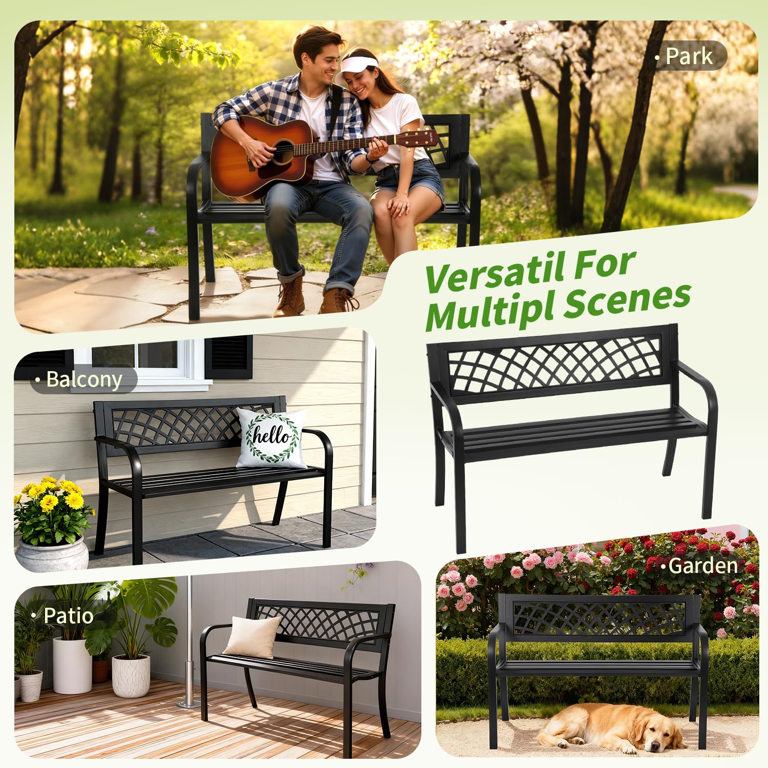 FDW | 46" Outdoor Garden Bench | Black | 480lbs Load Capacity