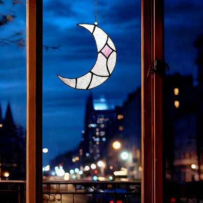 Moon Stained Glass Window Hanging Suncatchers，Handcrafted Art Glass Crescent Moon Decorations Indoor Window Gift for Women, Christmas,Thanksgiving (Silver)