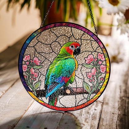 6" Parrot and Flowers Stained Glass Suncatcher Art Glass Bird and Flower for Sun Catcher Indoor Window Gift for Pet Animal Nature Floral Lover Women Mom Friend Painted Glass Panel Décor BIRD-03B-SG6