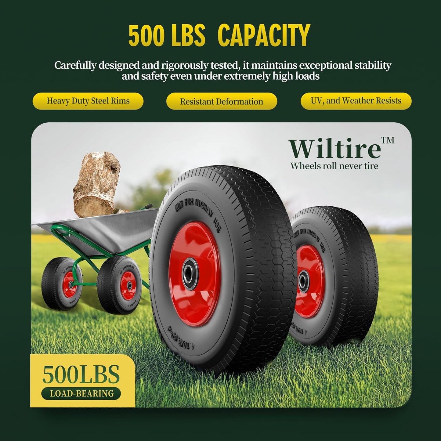 (2 Pack) 4.10/3.50-4 Flat Free Tire and Wheel 10-Inch Solid Wheel Replacement with 5/8 Extra 3/4 &1/2 Bearings,2.2" Offset Hub -Compatible with Hand Truck,Wheelbarrow(Wave,Red)