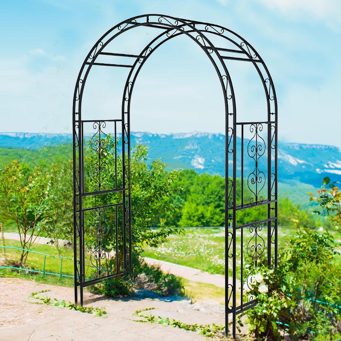 7FT Black Garden Arbor Trellis, Outdoor Metal Garden Arch for Climbing Plants Flowers Vines, Metal Lightweight Wedding Decoration Frame Archway for Lawn Bridal Party Ceremony Holiday Event
