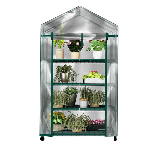 4 Tier Mini Greenhouse - Portable Greenhouse with Locking Wheels and PVC Cover for Indoor or