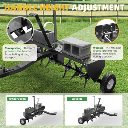 40" Lawn Aerator Tow Behind, Pull Behind Aerator with Universal Hitch, 24 Galvanized Steel Tines, Tray and Pneumatic Tires, Plug Behind Aerator is Suitable for Gardens, Lawns and Farms