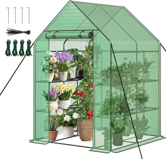 Greenhouse, 56×56×76" Walk in Greenhouse, Portable Green House for Outdoors with Thicken PE Cover, 3 Tiers 8 Shelves for Plants, Flowers, Seedling (Green, 56x56x76 inch)