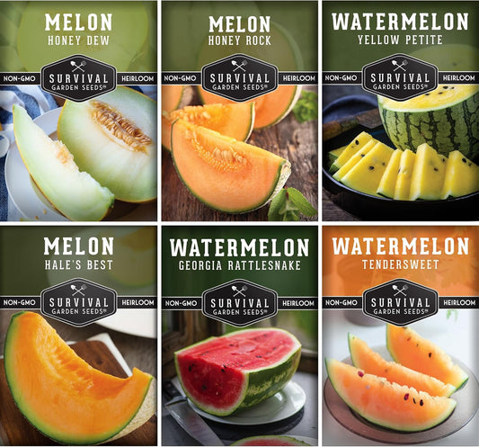 Melon Seeds Variety Pack – 6 Heirloom Cantaloupe, Honeydew & Watermelon Types for Planting – with Honey Rock, Hale’s Best, Tendersweet, Georgia Rattlesnake – Survival Garden Seeds