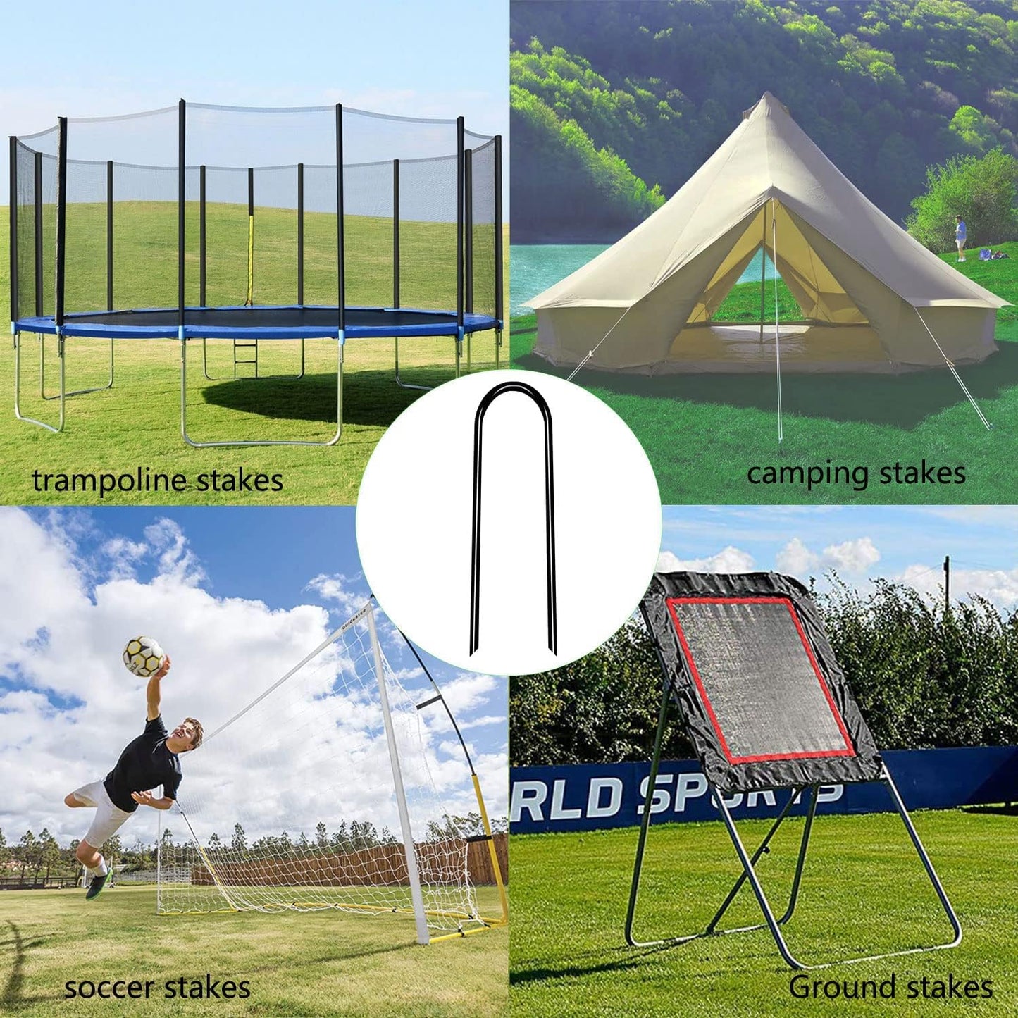 Heavy Duty Trampoline Anchors High Wind U-Shaped Sharp Ends Ground Anchor Galvanized Steel 11.8inch Safety Stakes for Soccer, Tents and Garden Decorations (Black 8pcs)