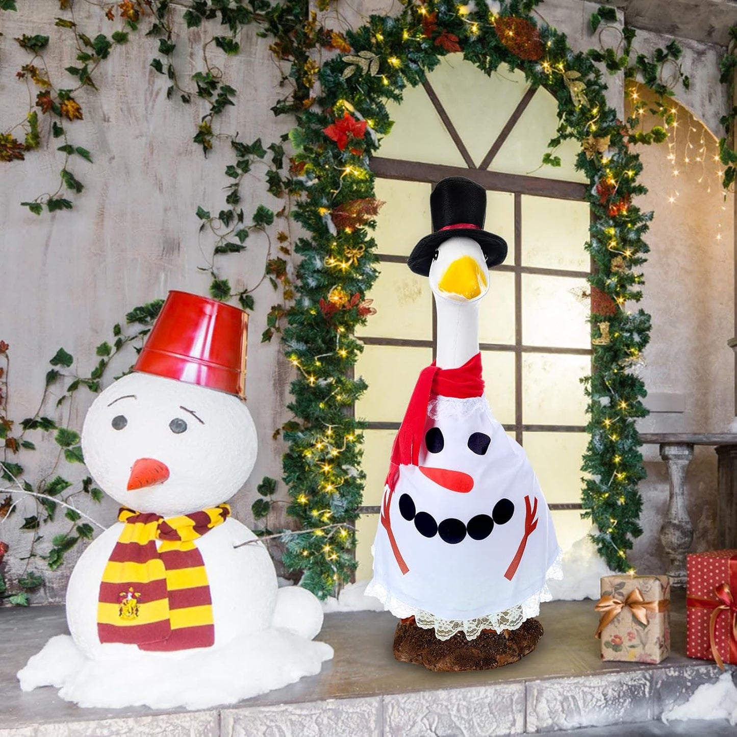 Christmas Snowman Goose Outfit Clothes for 23" High Cement or Plastic Goose Lawn Clothing Porch Garden Costume for Yard Outdoor Patio Statue Xmas Winter Holiday Decor