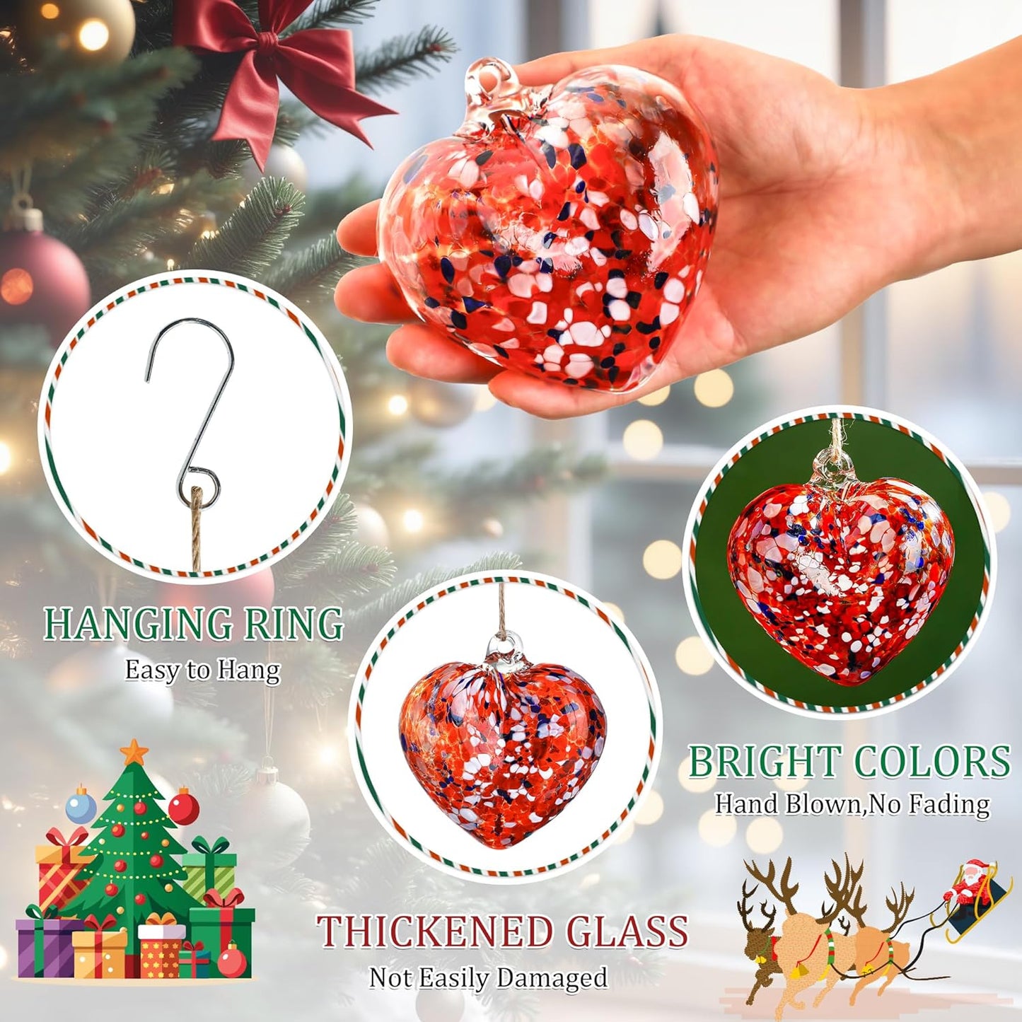 Hand Blown Glass Gazing Balls for Garden Love Heart Hanging Friendship Balls Christmas Ball Ornaments for Xmas Tree Decoration (Red - A)