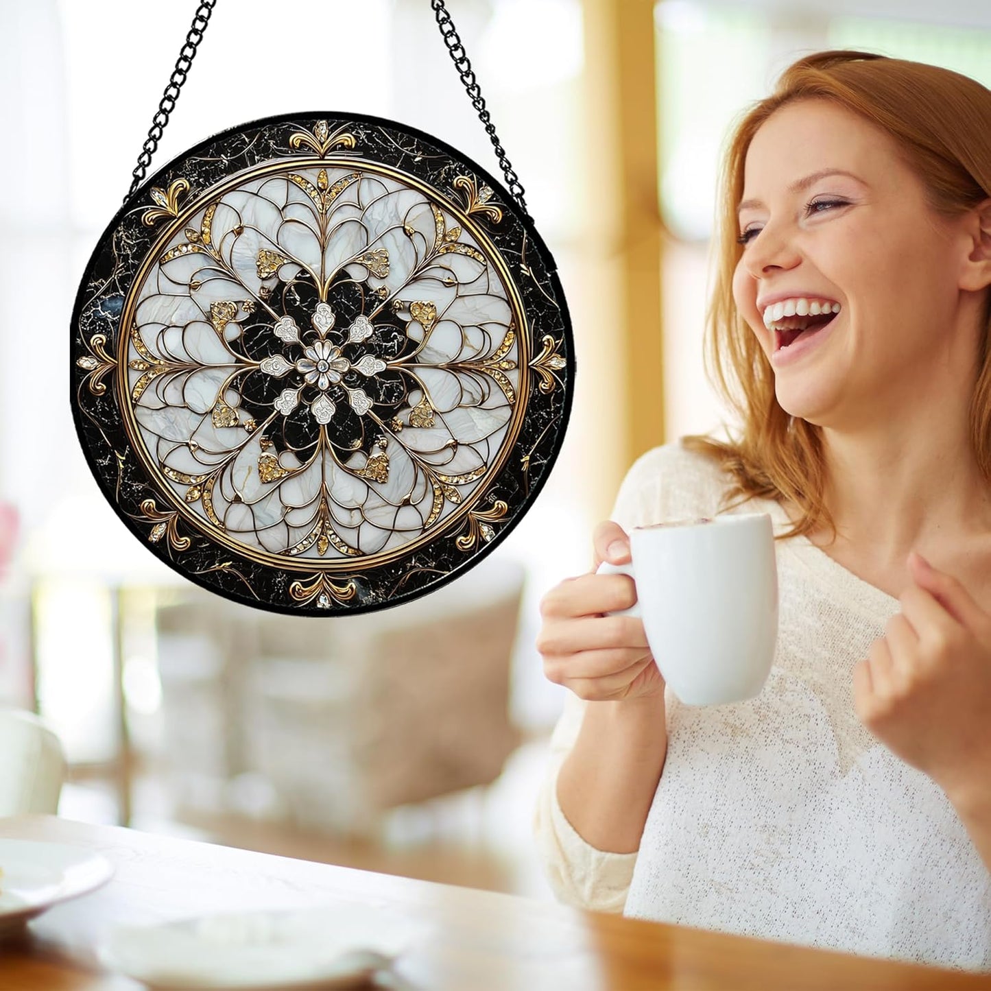 Stained Glass Window Hanging, Black and White Gold Boho Pattern Suncatcher for Doors Window Home Abstract Flower Sun Catchers Decor Mother's Day Birthday Gifts for Women, Men Mom 7.8 in
