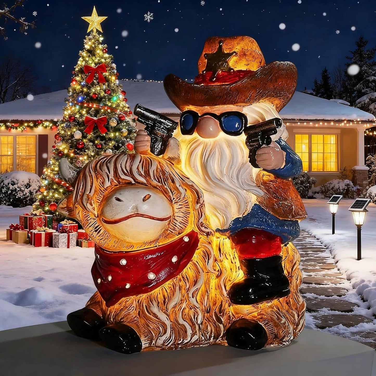 Solar Highland Cow Gnome Statue - Hand-Painted Resin Outdoor Decor for Garden & Yard, Unique Mothers Day Birthday Gifts for Grandma Women (Weatherproof)