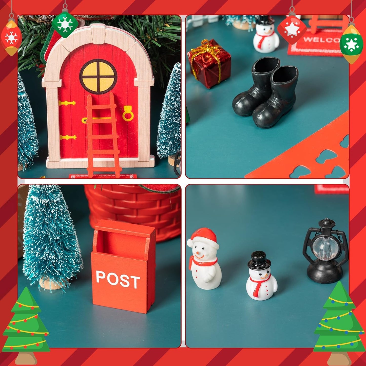 Haooryx Christmas Miniature Fairy Door - 22Pcs Christmas Winter Magic Wooden Miniature Fairy Doors Accessories Elf Magic Door Wall Fairies Magical Door Decoration Xmas Party Outdoor Decor (Wood Edge)