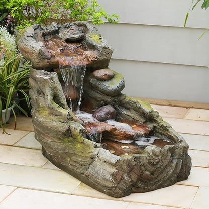 32.5" L Garden Outdoor Water Fountain, Floor Standing Cascading Realistic Tree Trunk Natural Waterfall Outdoor Fountains with LED Lights for Patio, Porch, Home Art Decor