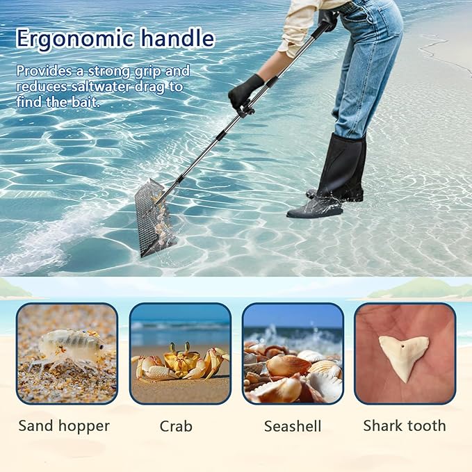 Sand Flea Rake Set, Sand Sifter for The Beach, Stainless Steel Shark Tooth Sifter, with 16" Width Basket Metal Detecting Tool with Anti Slip Handle for Collecting Seashells