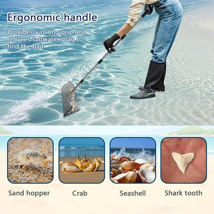Sand Flea Rake Set, Sand Sifter for The Beach, Stainless Steel Shark Tooth Sifter, with 16" Width Basket Metal Detecting Tool with Anti Slip Handle for Collecting Seashells