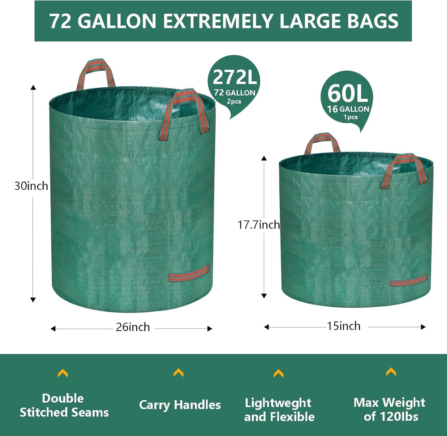 Reusable Yard Waste Bags – 3 Pack (2 x 272 Gallons + 1 x 16 Gallons), Heavy Duty Garden Leaf Bags with Reinforced Handles and Gardening Gloves for Lawn Cleanup, Debris, and Recycling