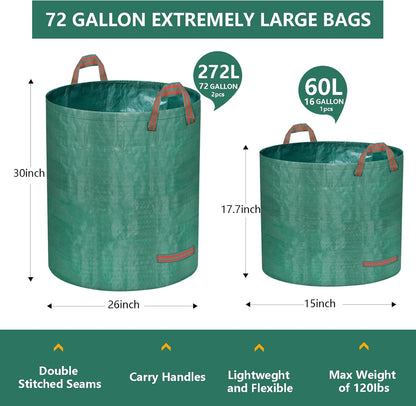 Reusable Yard Waste Bags – 3 Pack (2 x 272 Gallons + 1 x 16 Gallons), Heavy Duty Garden Leaf Bags with Reinforced Handles and Gardening Gloves for Lawn Cleanup, Debris, and Recycling