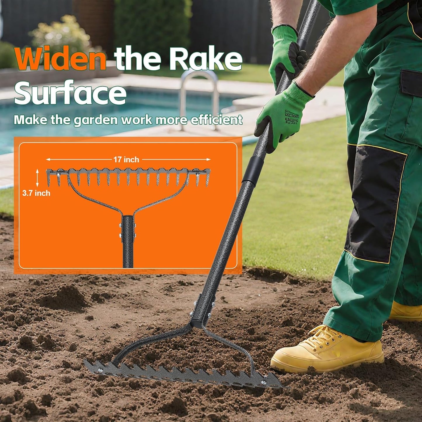 Thatch Rake, 49" Heavy Duty Metal Lawn Leveling Rake with 17 Tines, Garden Tool with Adjustable Long Handle for Looseing Soil, Weede Control